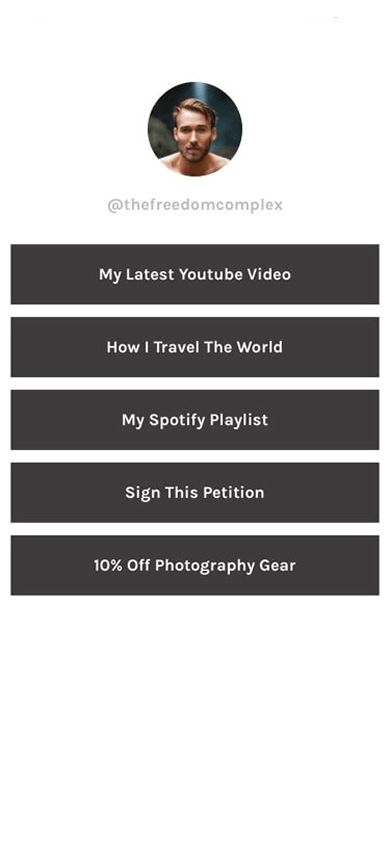 A link in bio page of the influencer created with Bio.fm