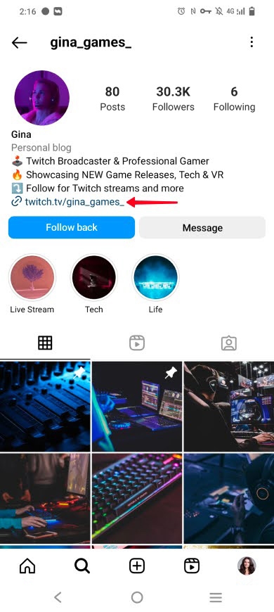 Highlighted Twitch account link in an Instagram bio
