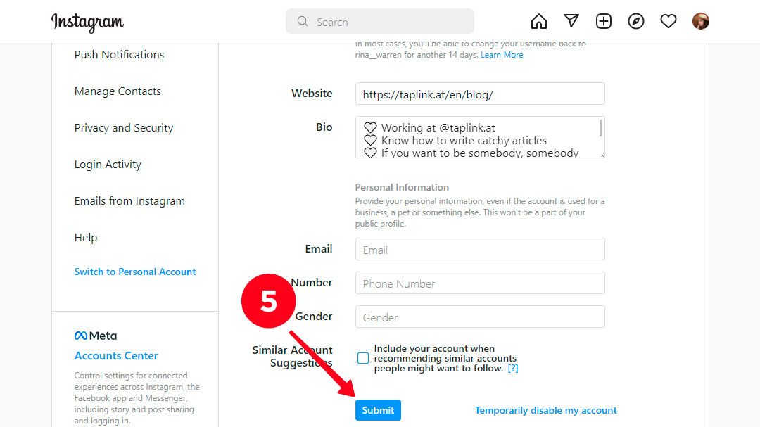 Submitting Instargam profile changes on the desktop site