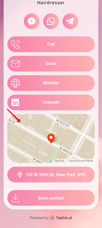 Pointer showing the map on the digital business card built using Taplink
