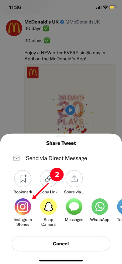 Choosing Instagram Stories on the list of post sharing options