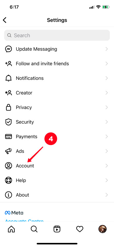 Choosing Account in the Instagram app settings
