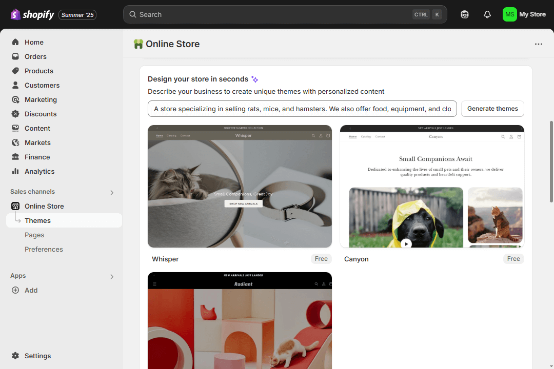 Three website versions created with Shopify’s AI Store Builder