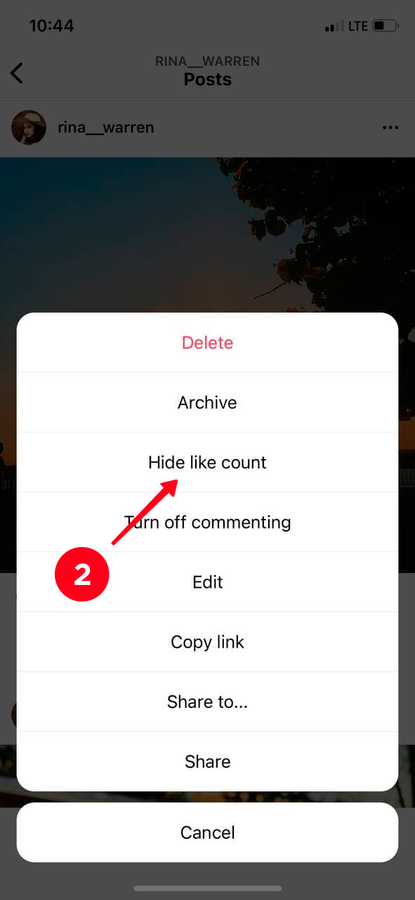 Choosing Hide like count in the Instagram post menu