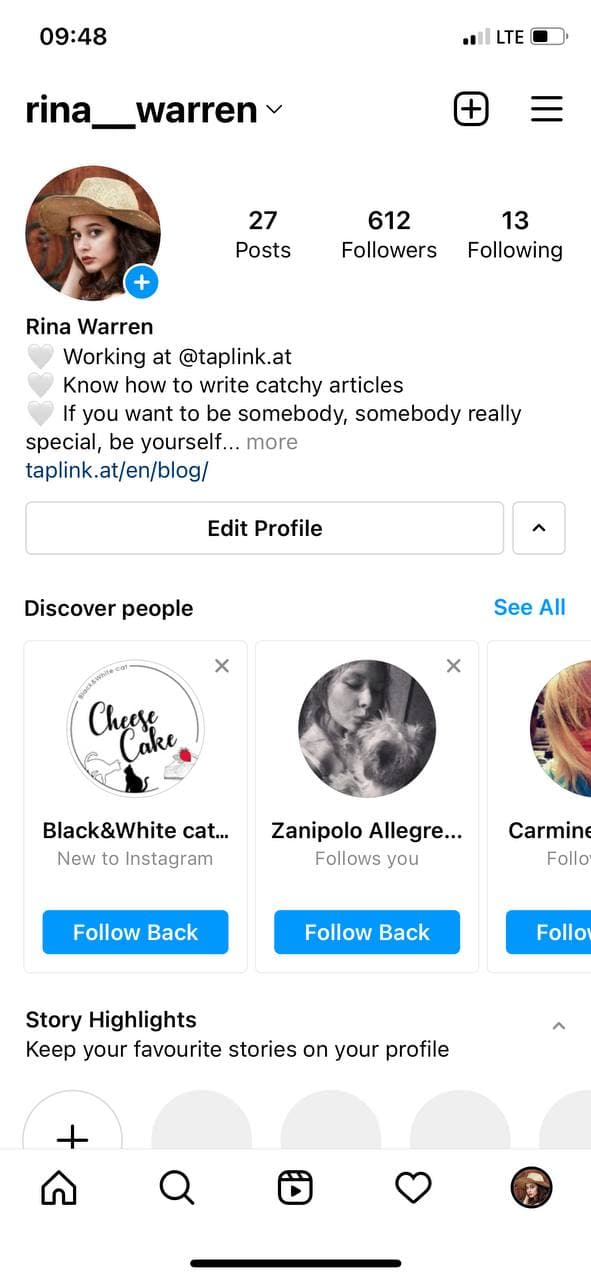 Instagram page with a headshot portrait set as the profile picture