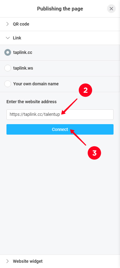 Writing the unique part of the page URL and tapping the Connect button