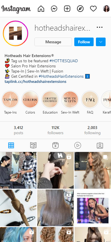 Bio Instagram di un salone di bellezza con un link Taplink