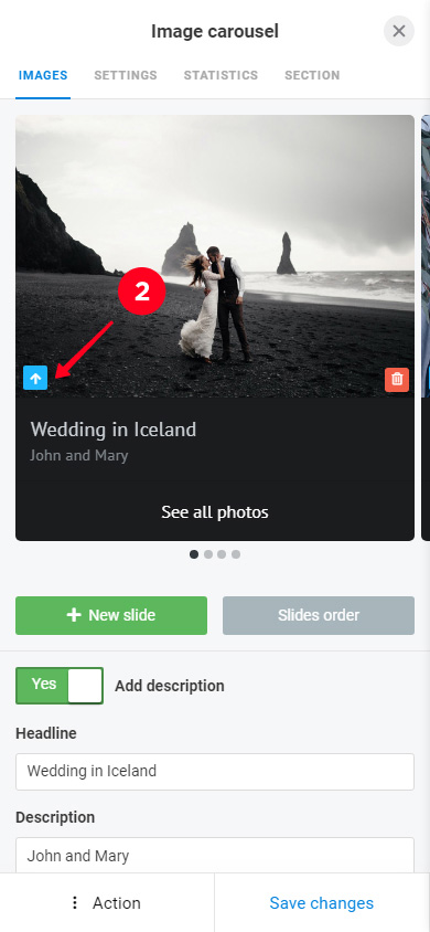 Tapping the upload button in the Image carousel block settings