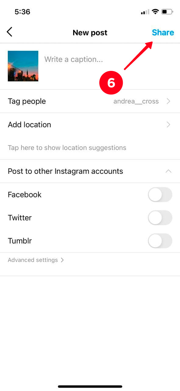 Finishing posting a photo with a collaborator tag on Instagram