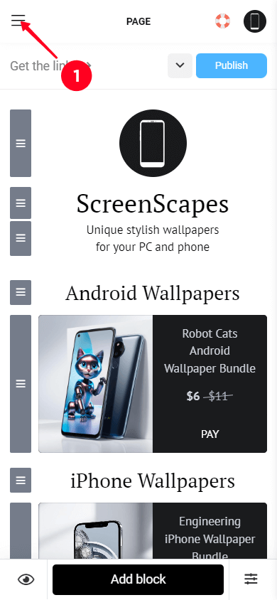 Tapping the hamburger menu in the digital art store editor