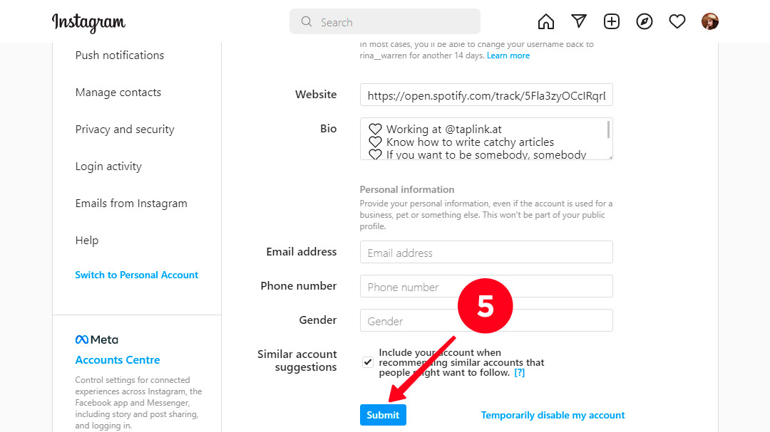 Submitting Instagram profile changes in the settings