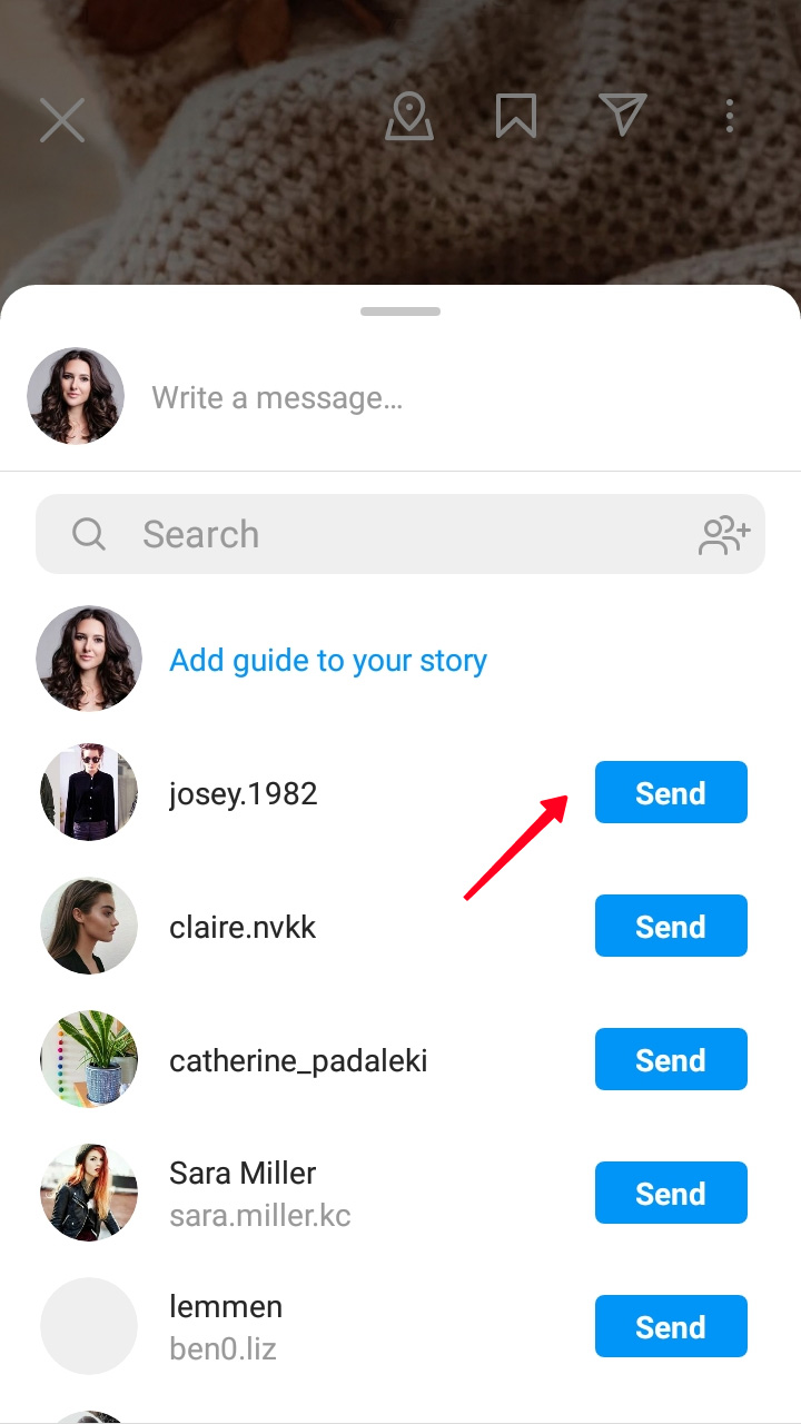 Choosing Send near an Instagram username in the guide sharing menu