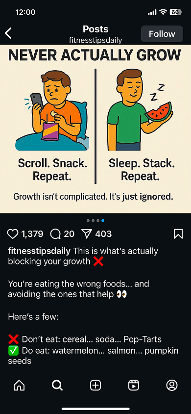 Postingan Instagram profil kebugaran yang menampilkan teks dengan emoji