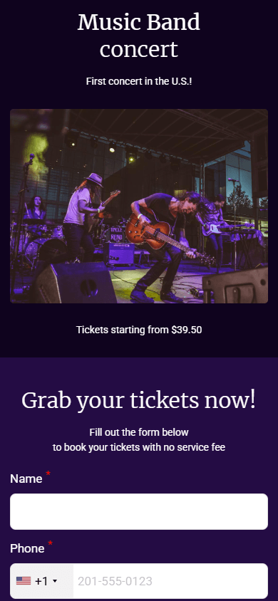 Concert announcement landing page created with Taplink