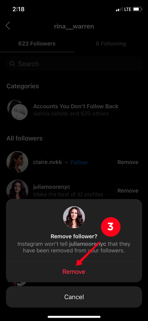 Confirming user removing from the list of Instagram followers