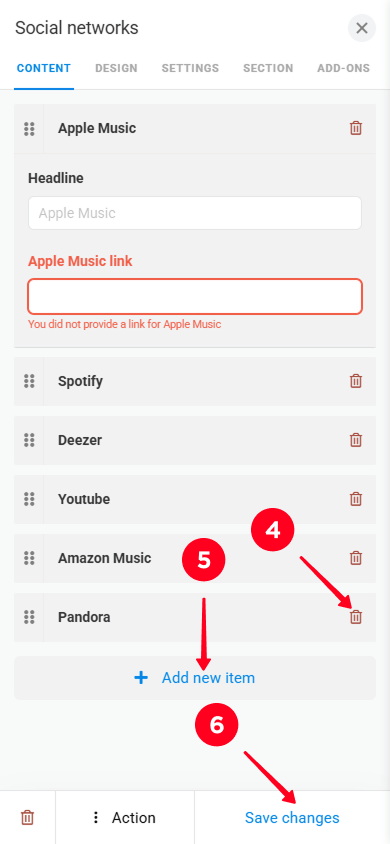 Tapping the trash icon, the Add new item button, and the Save changes button in Taplink