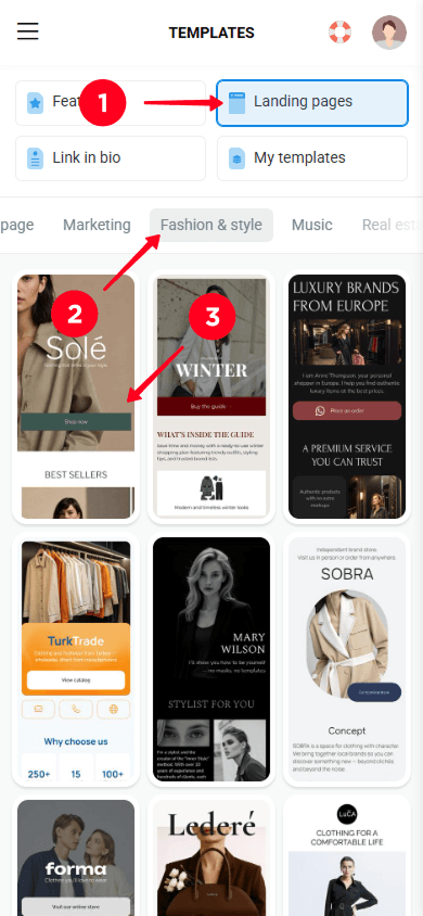 Selecting Landing pages, opening Fashion & style, and picking a clothing website template in Taplink
