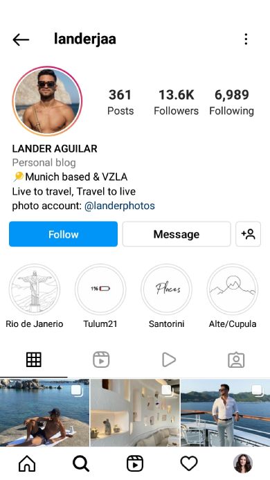 Instagram profile page of a travel blogger