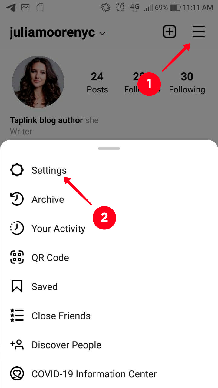 Tapping the hamburger menu and Choosing Settings in the Instagram app