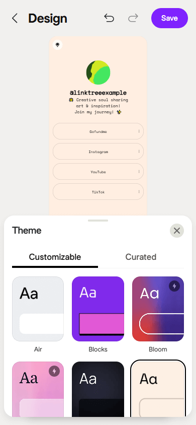 Six design themes available in the Linktree link in bio tool