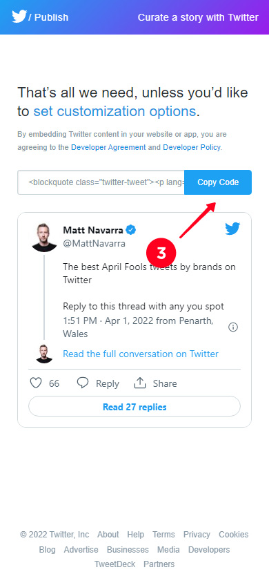 Tapping Copy Code on the Twitter Embed code page