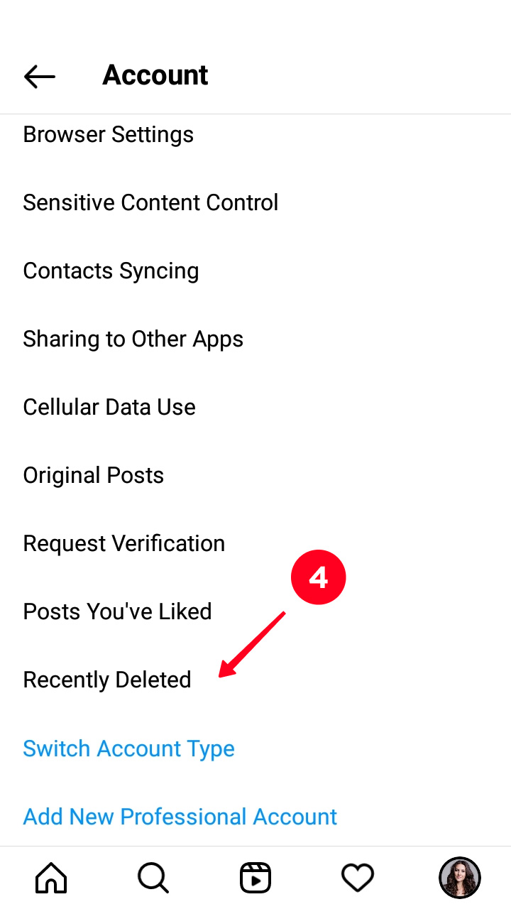 Opening the Recently Deleted section in the Account settings in the Instagram app