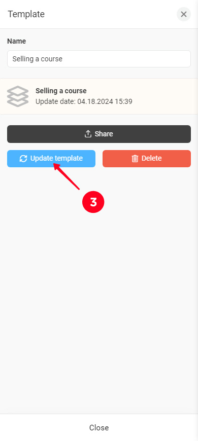 Tapping Update template in the template sharing menu