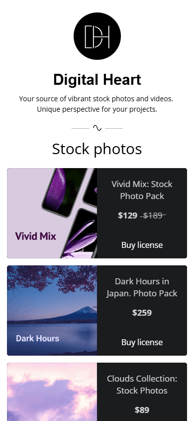 Photographer’s link in bio page built with Taplink