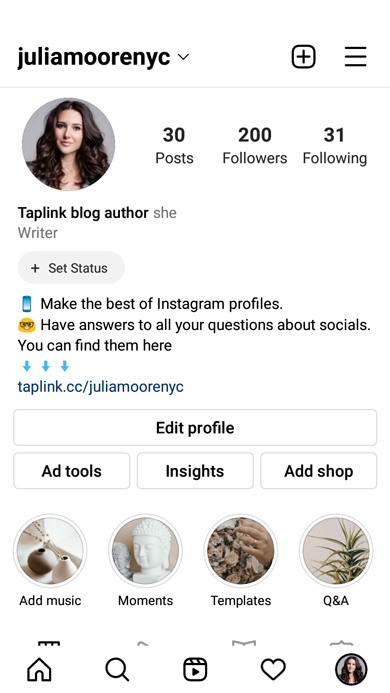 Instagram profile page of a marketer
