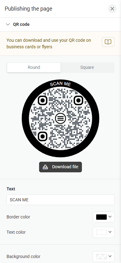 Round white-and-black QR code directing to the Taplink digital business card