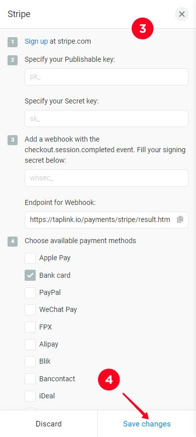 Instructions for connecting the Stripe payment provider and highlighted Save changes button