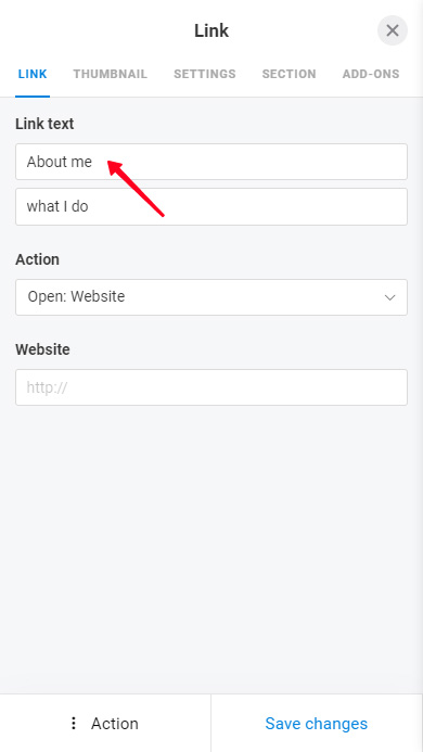 Highlighted text field in the Link block settings