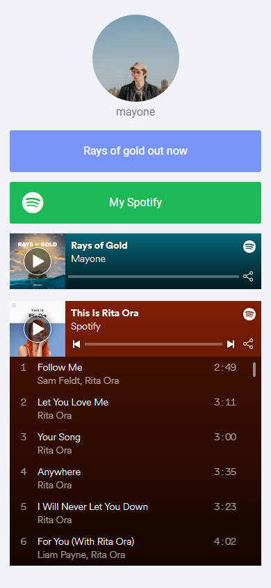 Spotify links and spotify song and playlist player on an Instagram link in bio page in the Taplink editor