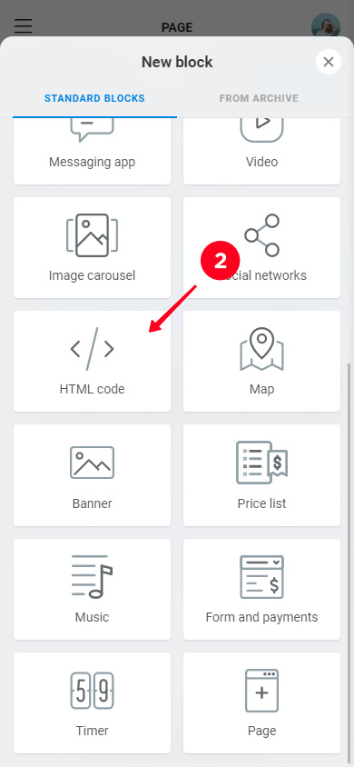 Choosing HTML on the list of Taplink blocks