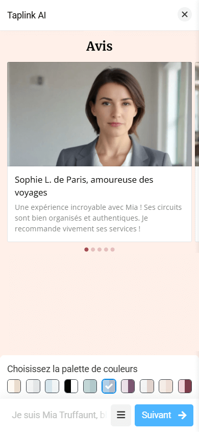 Une mise en page de la section Avis avec une grande photo client, le nom et le témoignage
