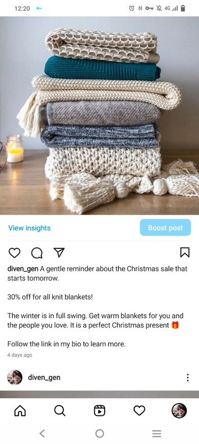 Scheduled Instagram post reminding users about an upcoming sale