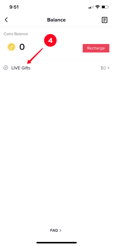 Tapping LIVE gifts in the Balance menu in the TikTok app