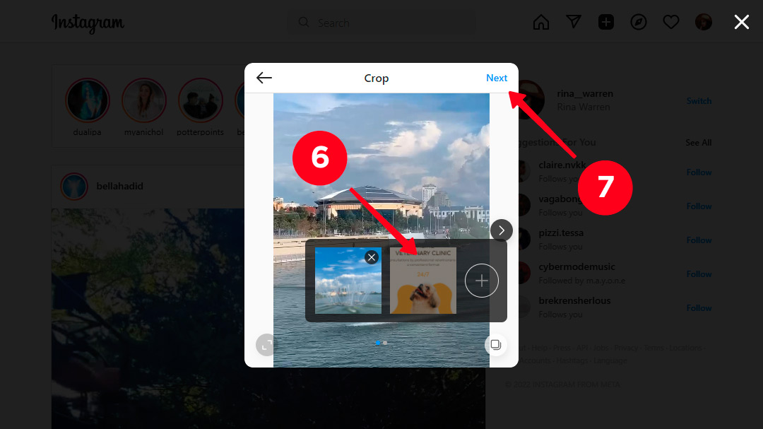 Uploading videos to an Instagram carousel post and tapping Next