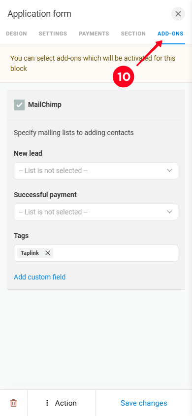 Opening the Add-ons tab on the form settings page in Taplink