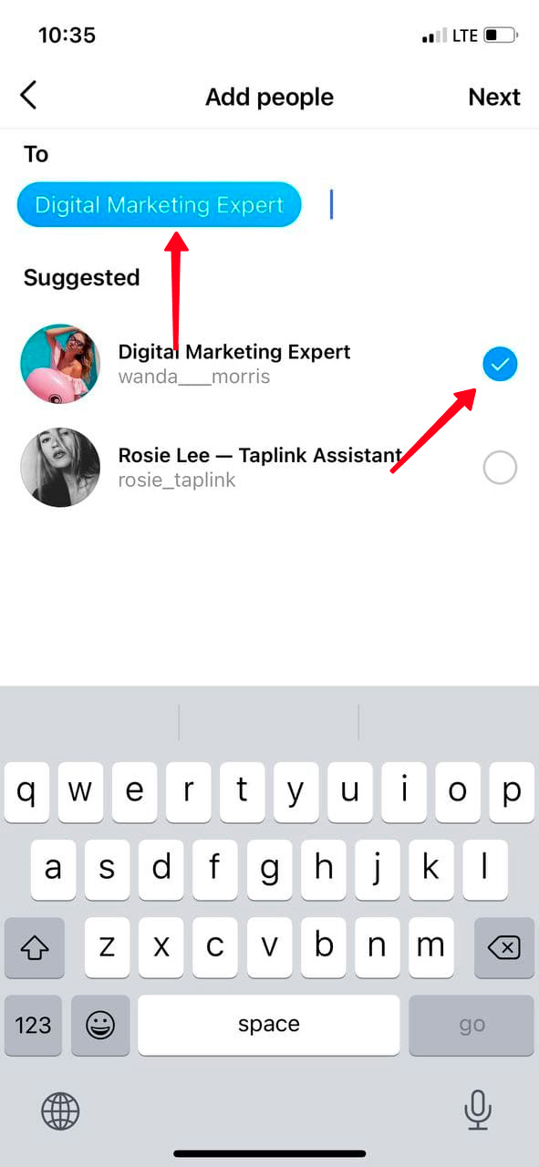 Highlighted username and the blue checkmark on the list of users