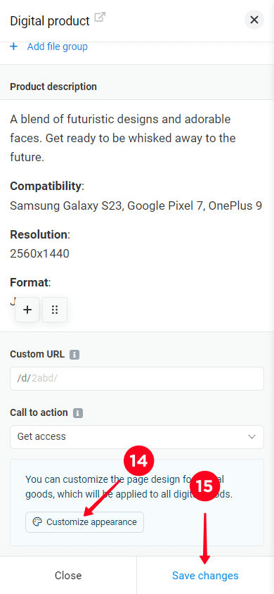 Tapping the Customize appearance and Save changes buttons on the Taplink Digital product customization page