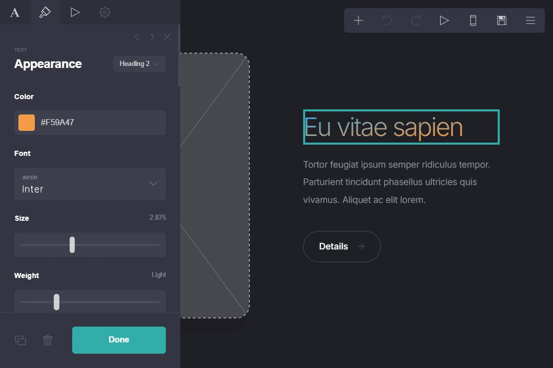 A website editor page with the text settings window in Carrd