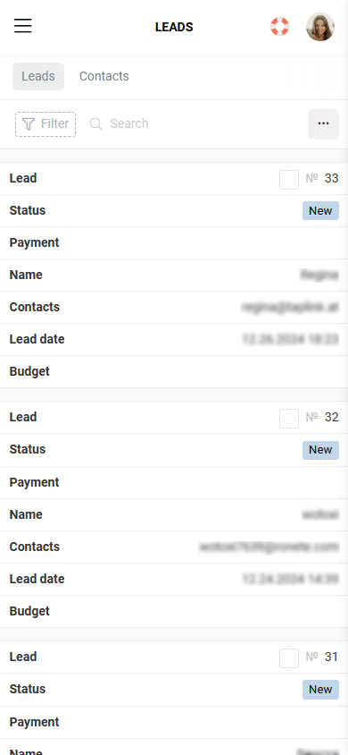 The Leads page in Taplink