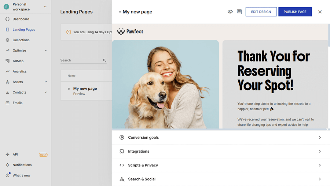 A landing page settings window in Instapage