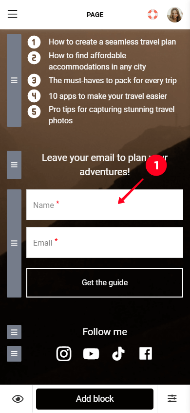 Tapping the opt-in form in the landing page editor in Taplink