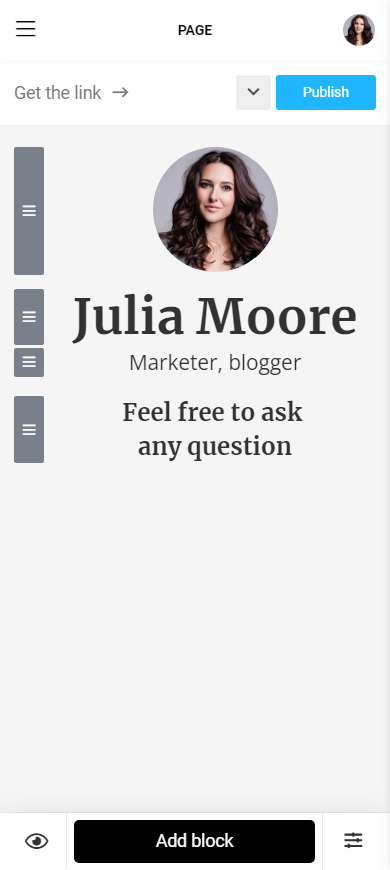 Profile photo and text on a Taplink page in the editor