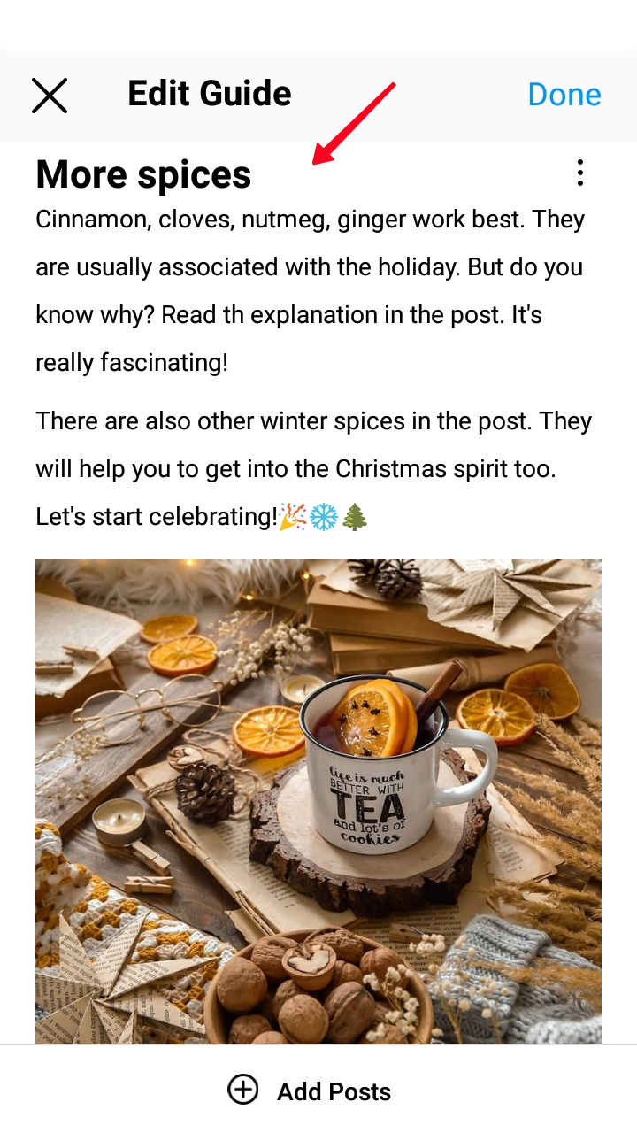 Heading and description of an item in an Instagram guide