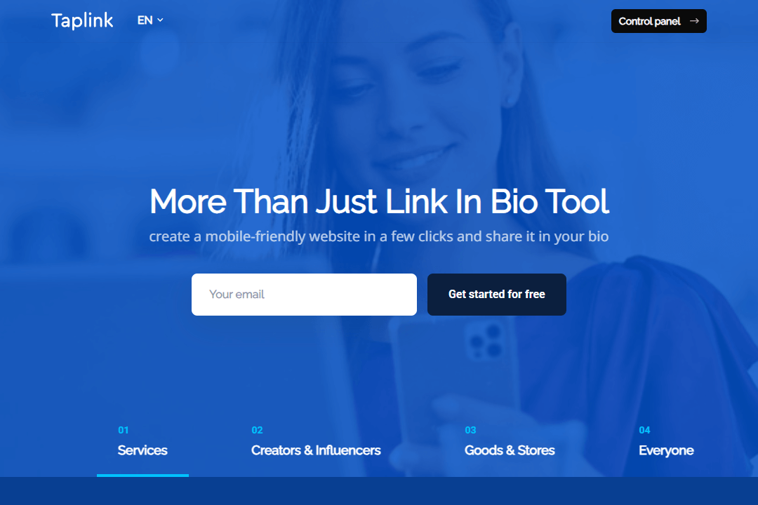 Taplink home page with a title, text, an email field, and tabs