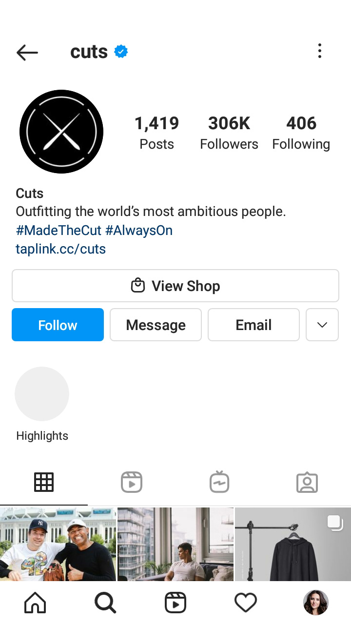Pagina del profilo di un marchio di abbigliamento su Instagram con una biografia aziendale