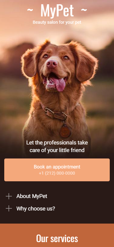 Pagina del salone di toelettatura per animali Taplink con un pulsante di prenotazione aperto dal link nella biografia di un profilo TikTok